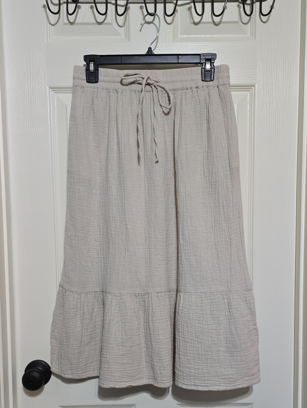 Women's Drawstring Tiered Maxi Skirt - Light Beige With Pockets